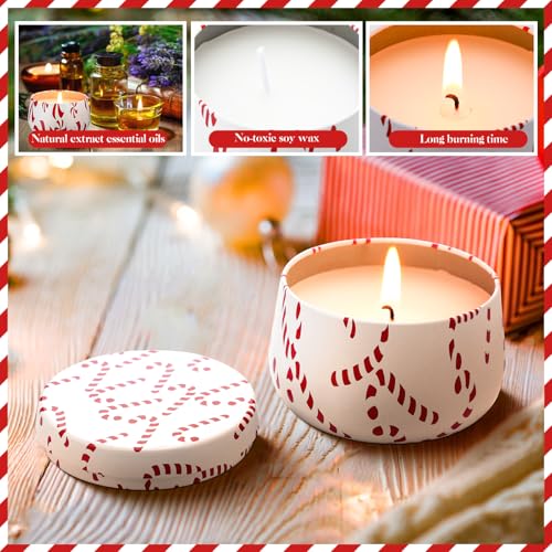 Candy Cane Scented Christmas Gift Set - 6 Candles & Hand Cream for Women - Peppermint Holiday Bulk