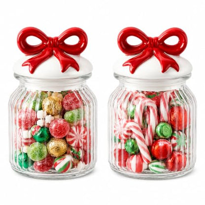 Red Bow Christmas Glass Jar Set with Lids - Holiday Canister Storage
