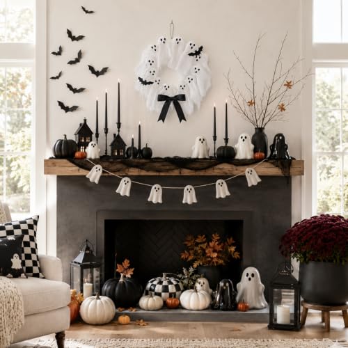 Lighted Halloween Ghost Wreath for Front Door with Timer & 8 Modes