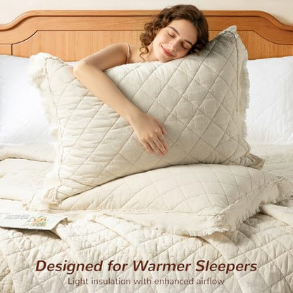 King Size Linen Quilt Set with Cotton Back & Diamond Stitch - Flax & Cotton Bedding