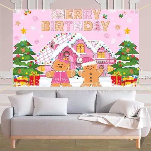 Pink Gingerbread Merry Birthday Banner Christmas Decoration Party Supplies