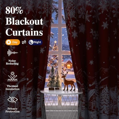 Red Christmas Curtains for Living Room 52 x 63 Inches Snowflake Holiday Drapes - Pack of 2
