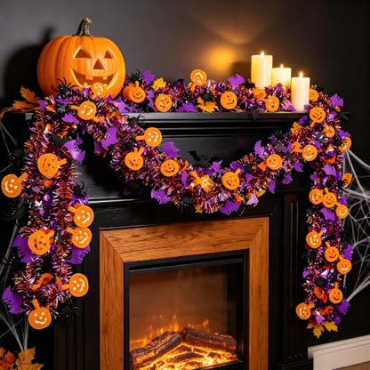 Halloween Tinsel Garland 6.5Ft 2-Pack Orange Purple Pumpkin Spider Bat Decor