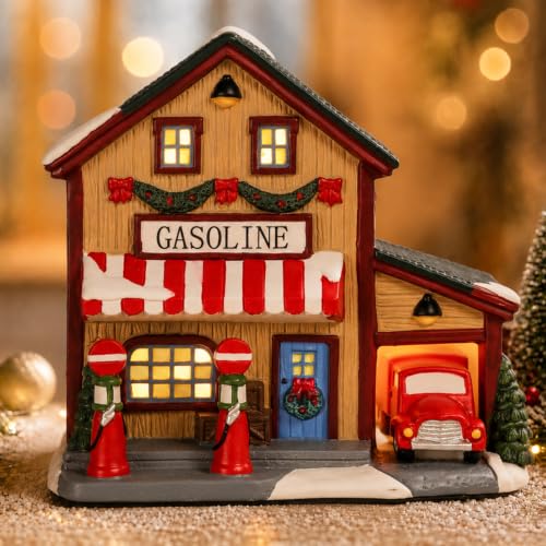 Christmas Village Houses Lighted Gas Station Ceramic Decor - Gasoline Variation