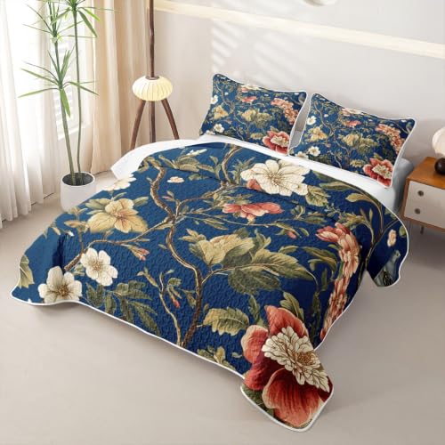Full Size Bedspread Set - Brown Green Rustic Floral Quilt with Pillow Shams - 3 Pieces
