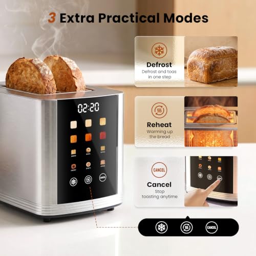Silver 2 Slice Touch Screen Smart Toaster with Wide Slots