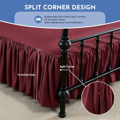 King Size Ruffled Bed Skirt with Split Corner - 14 Inch Drop, Wine Red