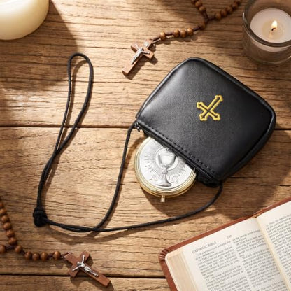 Catholic Communion Pyx Set with Leather Burse - Square, Gold Cross Design