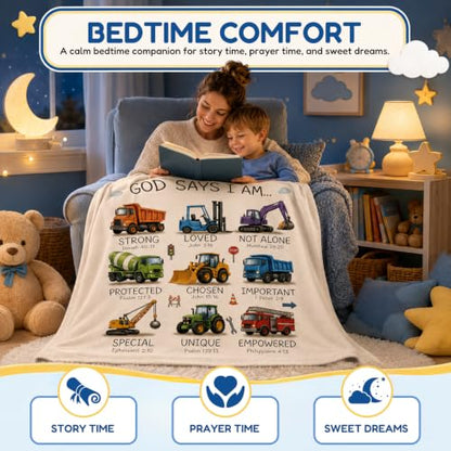 God Says I Am Construction Truck Throw Blanket for Boys - Christian Bible Verse Kids Bedding - 40x50 Inches - Religious Gift for Boys Variation of THIS listing