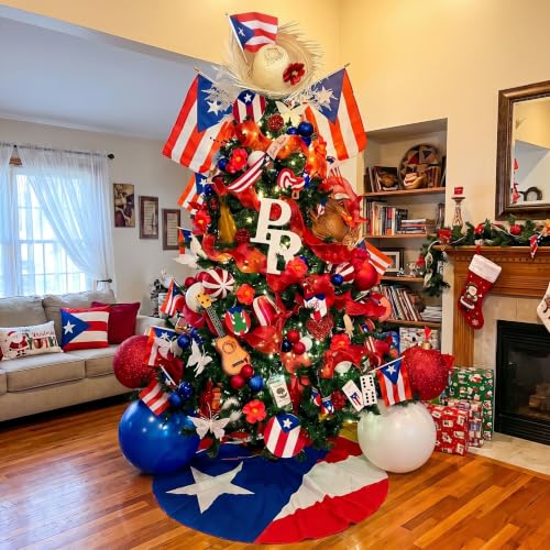 Puerto Rico Christmas Tree Decor Kit with Flag Skirt & Straw Topper - 47.2 Inch - Variation of 38 / 47.2 Inches