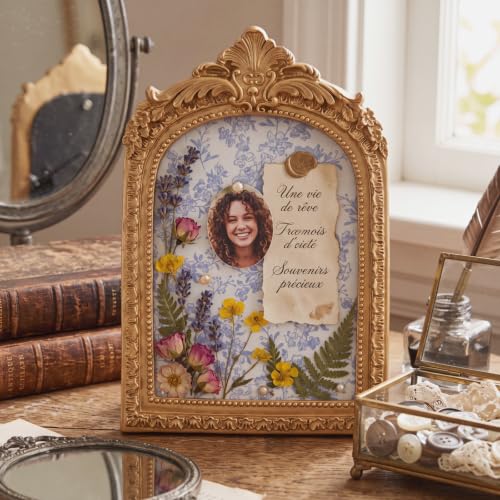 Mini Vintage Bulletin Board with Floral Fabric - Gold Arched Picture Frame for Wall & Desktop