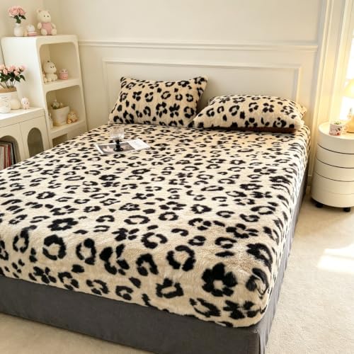 Plush Shaggy Queen Fitted Sheet with Deep Pockets - Leopard Print Tan Variation of Queen