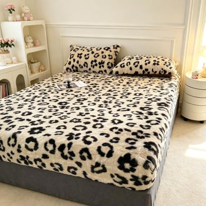 Plush Shaggy Queen Fitted Sheet with Deep Pockets - Leopard Print Tan Variation of Queen