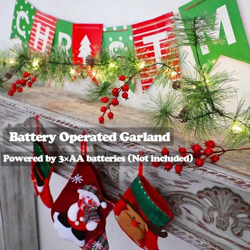 Christmas Garlands Lights 9.84FT Smokey Pine with Red Berries & Bells - Battery Operated