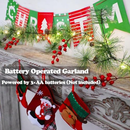 Christmas Garlands Lights 9.84FT Smokey Pine with Red Berries & Bells - Battery Operated
