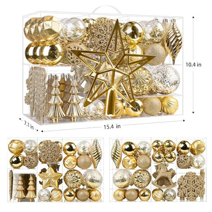 100Pcs Shatterproof Gold Christmas Tree Ornaments Set – Ball, Star, Snowflake & More