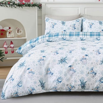 King Size Christmas Snowman Duvet Cover Set with Pillow Shams - Reversible Plaid Holiday Bedding, Blue Variation