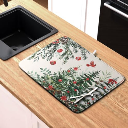 Christmas Tree Dish Drying Mat for Kitchen Counter Extra Large 18x24 Inches - Reversible & Absorbent Microfiber