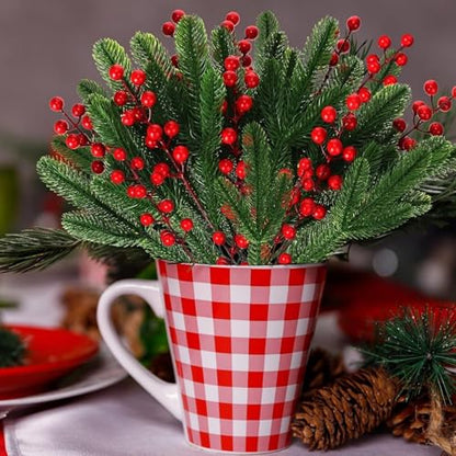 Christmas Pine Branch Picks with Red Berries - Needle Style - 200 Pieces
