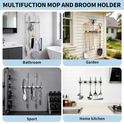 Wall Mount Mop and Broom Holder with 5 Racks & 4 Hooks - Silver