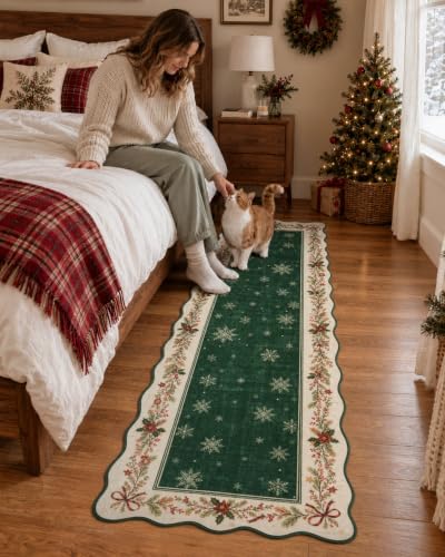 Lahome Green Christmas Bathroom Runner 2x6 Non Slip Washable Rug - Snowflake Edges
