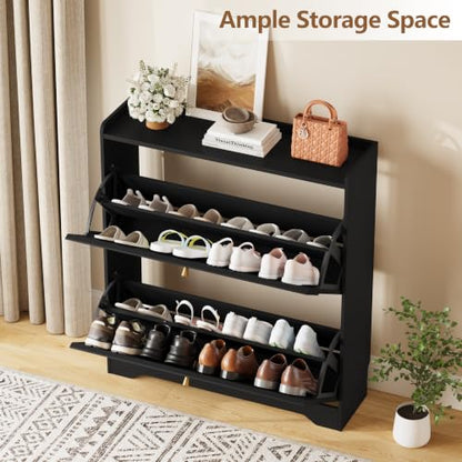 Slim Shoe Storage Cabinet with Flip Drawers and Wave-Edge Panels