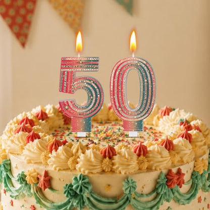 Retro Colorful Number Birthday Candles 50 - 2 Pcs Party Cake Decorations