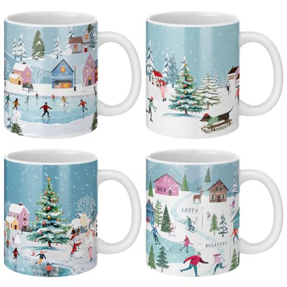 Winter Ice Skating Mug Set - 4 Ceramic Holiday Gift Coffee Cups 11.8 oz