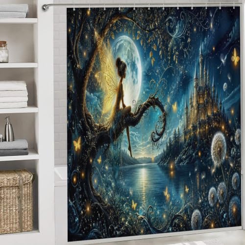 Fairy Moon Castle Night Bathroom Set with Shower Curtain and Flannel Rugs - 71x71 Inches - Non Slip Bath Mats