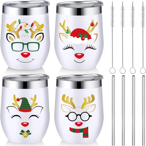 Christmas Insulated Stainless Steel Tumblers with Lids & Straws - 4 Pack