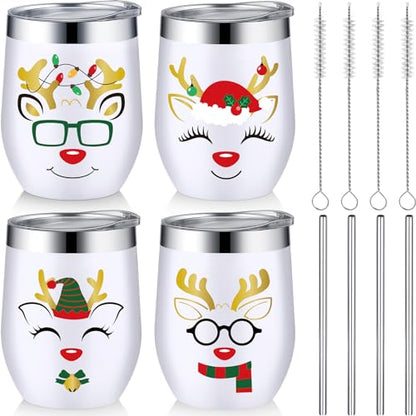 Christmas Insulated Stainless Steel Tumblers with Lids & Straws - 4 Pack