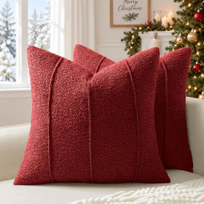 Christmas Red Boucle Pillow Covers Set of 2 - 24x24 Textured Holiday Decor