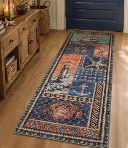 Vintage Nautical Area Rug 2x6 Washable Non-Slip Coastal Runner