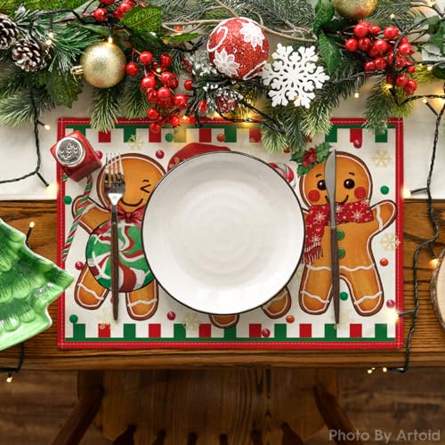 12x18 Inch Christmas Gingerbread Candy Cane Placemats Set of 8 - Holiday Table Decor