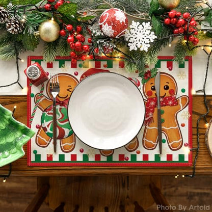 12x18 Inch Christmas Gingerbread Candy Cane Placemats Set of 8 - Holiday Table Decor