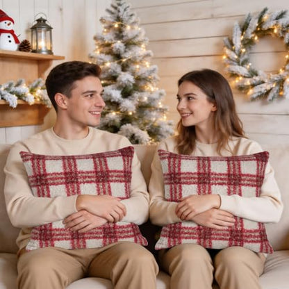 Christmas Throw Pillow Covers 24x24 Inch Set of 2 Buffalo Plaid Decorative Pillowcases - White Red, Farmhouse Rustic Holiday Decor
