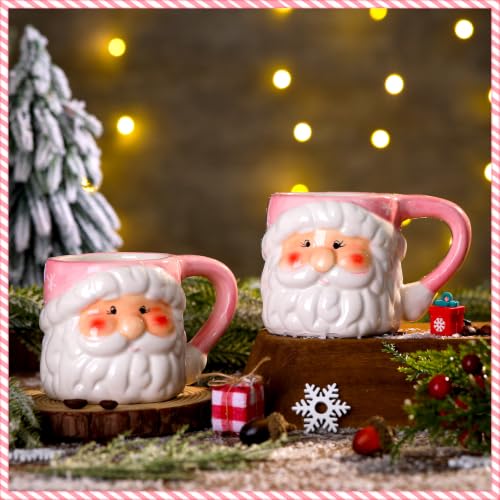 Pink Santa Coffee Mugs Set of 6 - 16 oz Ceramic Christmas Cups with Holiday Design