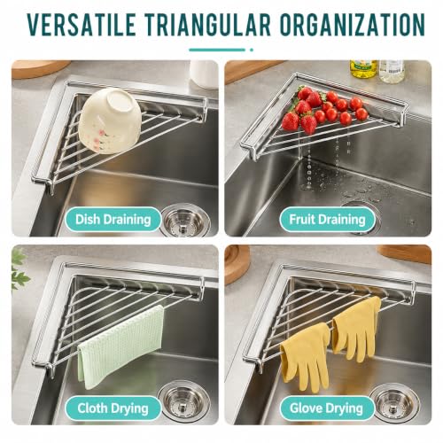 Silver Stainless Steel Corner Sink Shelf with Triangular Wire Rack