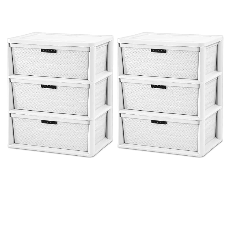 2 Pack Wide 3-Drawer Storage Tower with Removable Bins — White Cross-Weave Organizer (Variation: White)