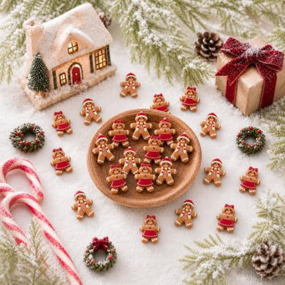 Mini Resin Gingerbread Man Charms Flat Back Christmas Decoration Bow - 60 Pcs