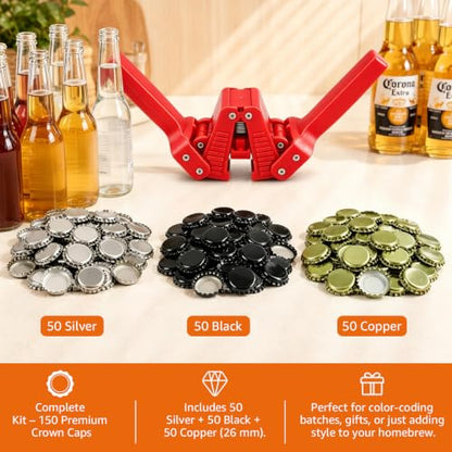 Manual Bottle Capper Tool for Homebrewing with 150 Crown Caps