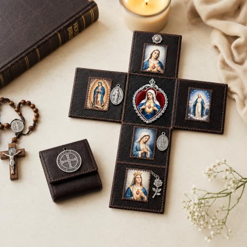 Brown Hand Sewn Leather Catholic Pocket Shrine Portable Mini Prayer Altar with Sacred Art & Medals
