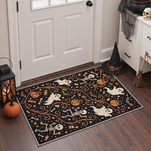 Halloween Skeleton Pumpkin Ghost Rug - Non Slip 2x6 Runner with Variation - Cute Pumpkin Noir