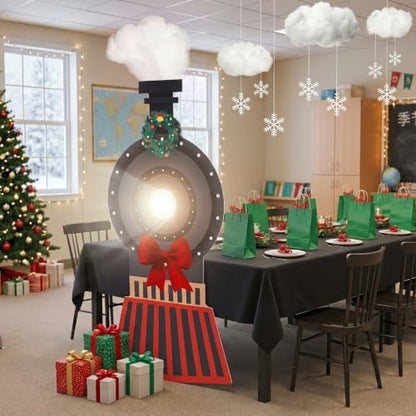 Christmas Train Decoration Set with Cardboard Locomotive, Lights & Table Runner
