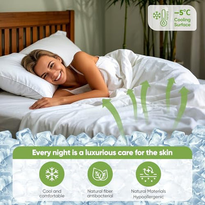 Queen Size Organic Viscose Bamboo Sheets Set - Cooling Silky Soft Bed Linen with 18" Deep Pockets & Corner Straps - White