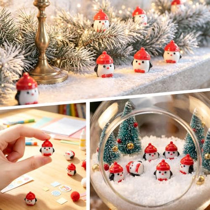 Christmas Hat Mini Resin Penguins Figures Set - 60 Pieces Holiday Decor