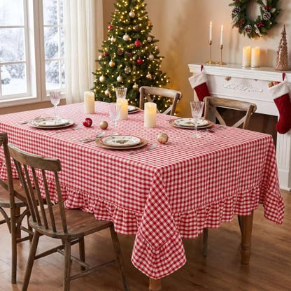 Eternal Beauty Red & White Gingham Ruffled Tablecloth 60x84 Inches - Christmas & Fall Decor