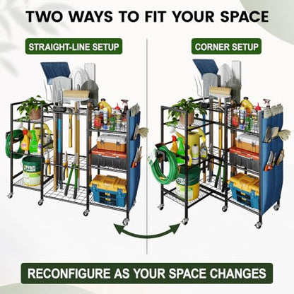 3-Sided Garden Tool Organizer with Wheels and Storage Shelves