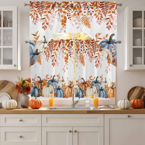 Fall Pumpkin Swag Curtain Set with Valance and Eucalyptus Leaves - 3 Pieces, 27.5W x 24L, Orange Blue White Terracotta Variation of THIS listing