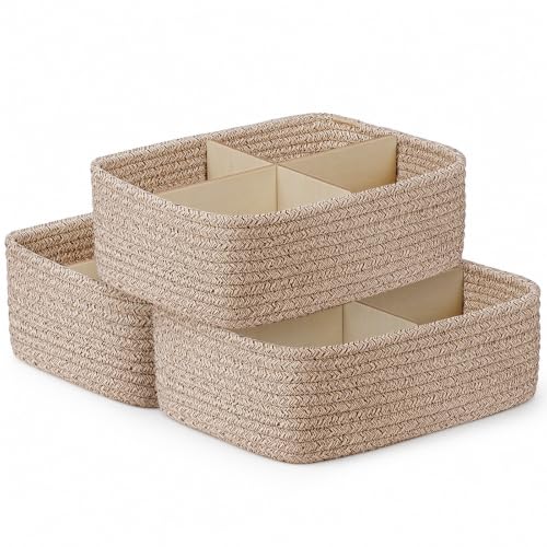 Small Woven Storage Baskets 3 Pack - Mix Brown, Foldable & Divided